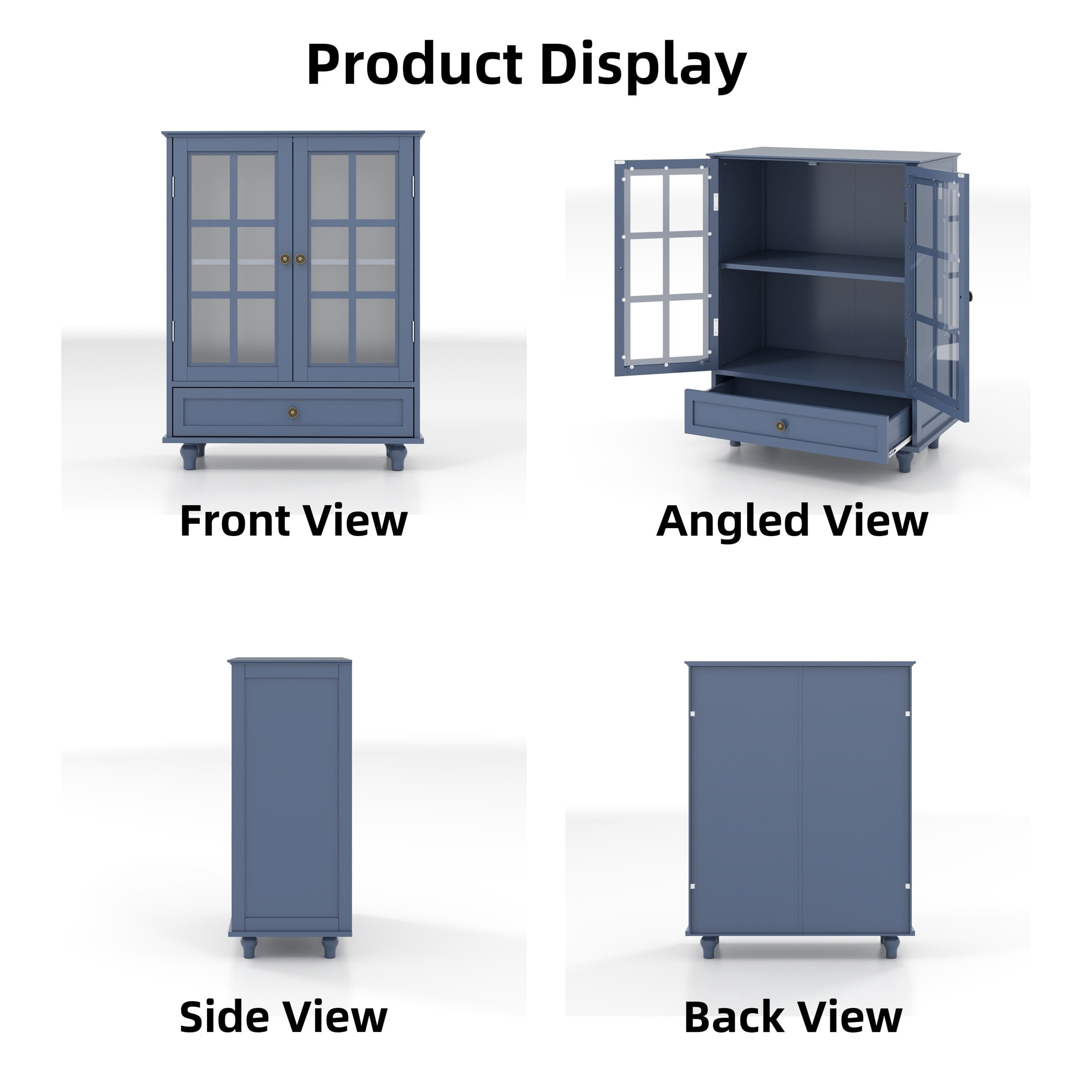 Noble House Minimalist Buffet Cabinet with Glass Doors and Drawer, Sideboard Cupboard for Dining Room, Vintage Blue