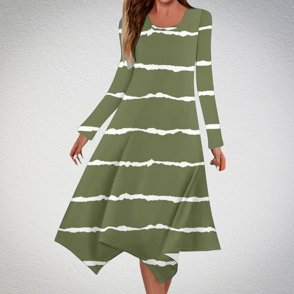Cavosen Long Sleeve Maxi Dresses for Women Lightweight Green Trendy Dress Hankerchief Hem Crew Neck Calf Length Long Dress Striped Casual Dress Vacation Fall Winter Clothes S