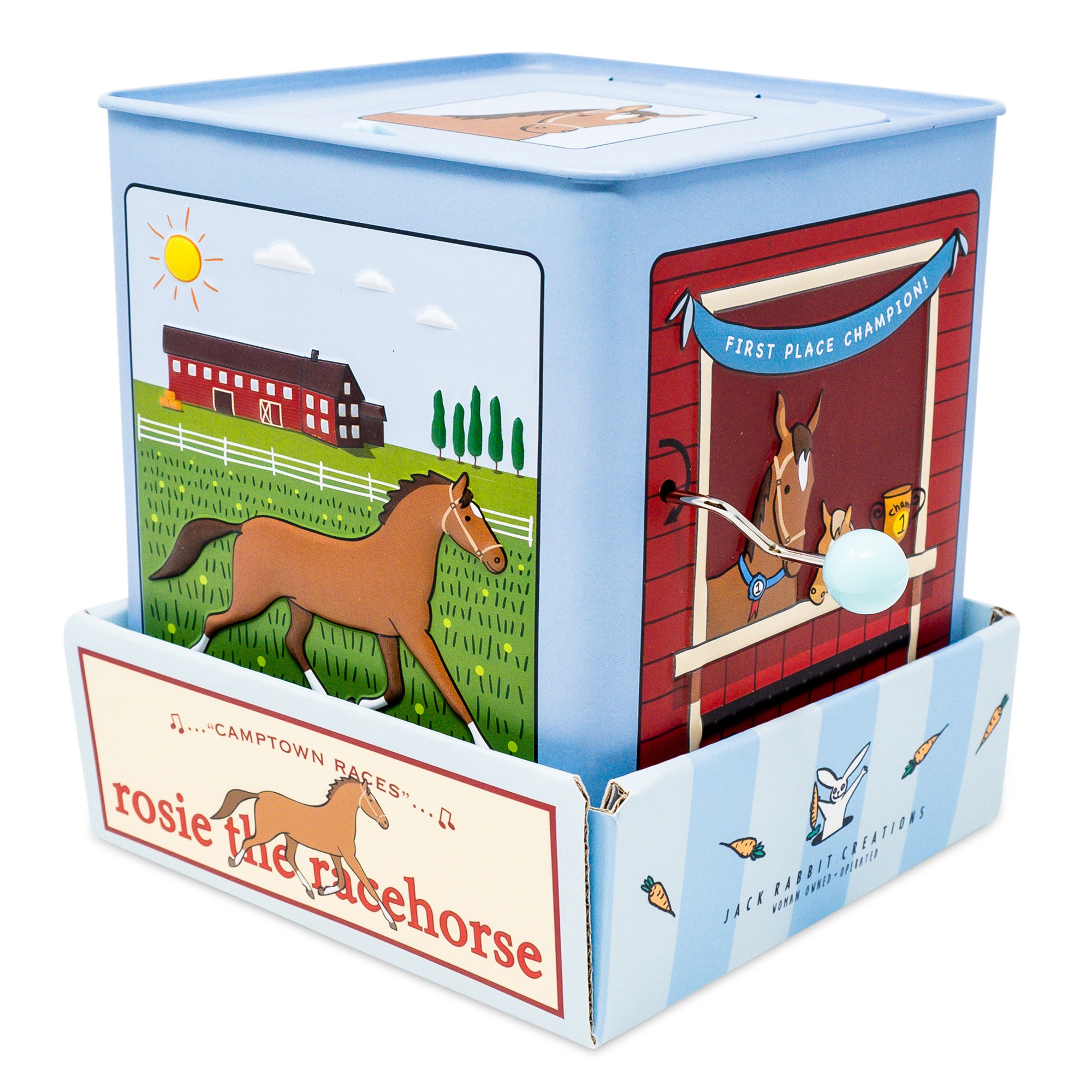 Jack Rabbit Creations: Rosie The Racehorse - Classic Music Jack In The Box Toy, Plush Brown Horse, Side Crank Plays Song, Surprise Pop-Up, Kids Age 3+