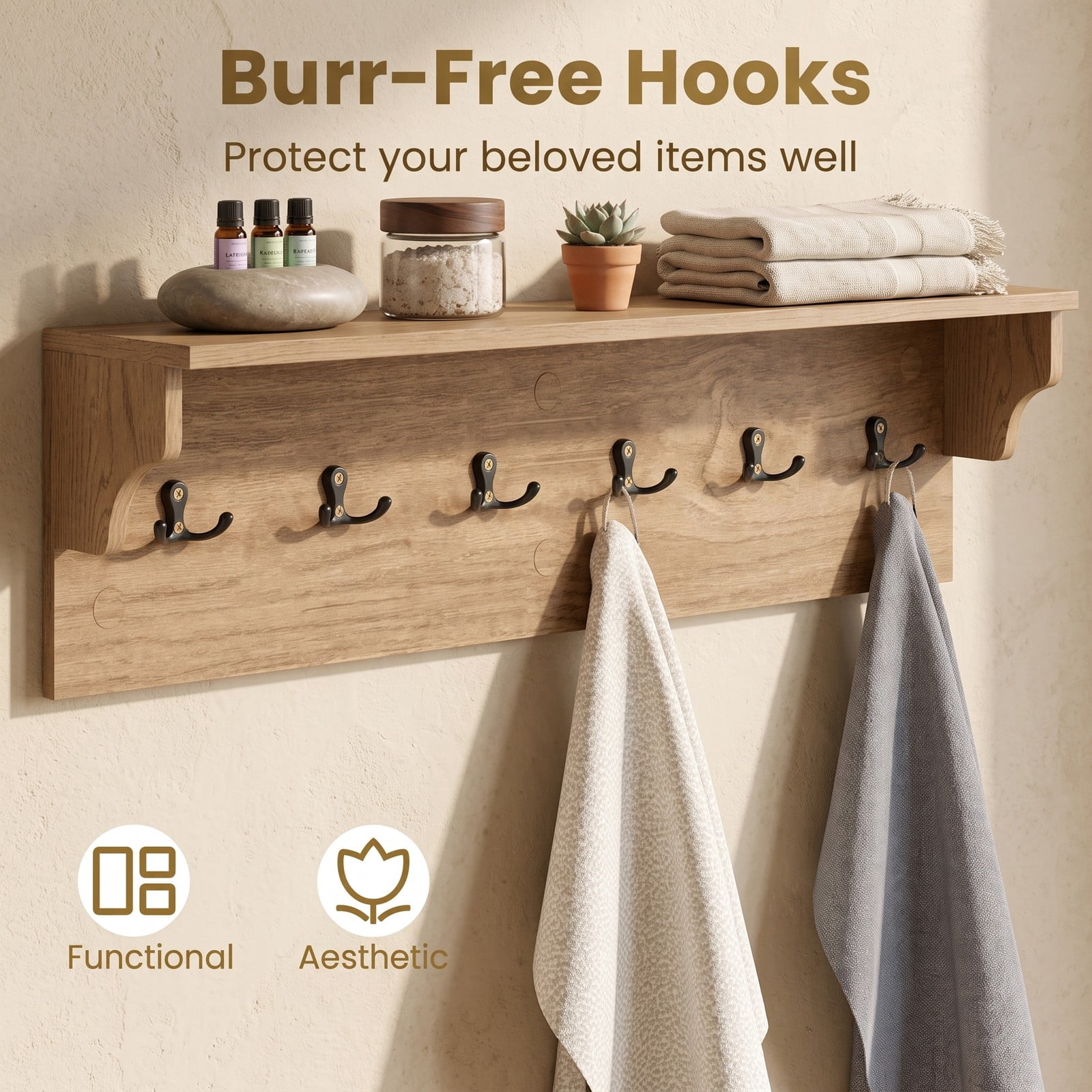 Furnibear Wall Mounted 31.5 inch Wooden Coat and Hat Rack with Top Shelf and 6 Hooks for Hats Towels Purses and Robes, Natural