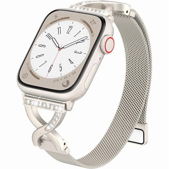 lulufa Thin Mesh Loop Compatible with Apple Watch Bands for Women 40mm 41mm 38mm 42mm Series 10 9 8 7 6 5 4 3 2 1 SE, Metal Magnetic Stainless Steel Strap with X-Shape Diamond Clasp for iWatch Bands
