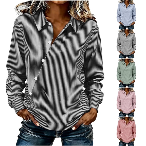 Otntypg Asymmetric Button Down Shirts for Women Dressy Casual Striped Printed Summer Long Sleeve Lapel Collared T-Shirts Loose Oversized Work Business Blouses Red L