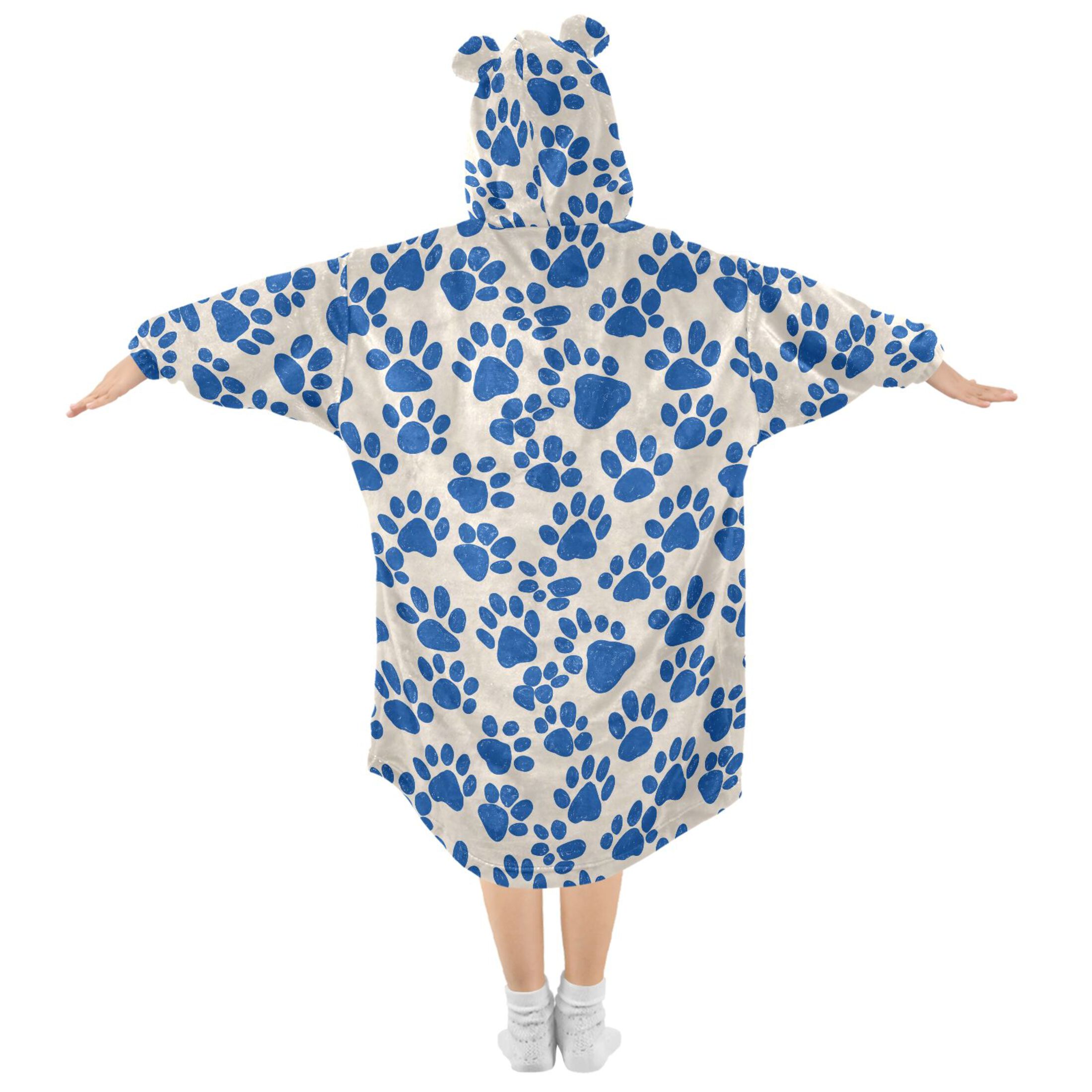 Wearable Blanket Hoodie for Kids Dog Footprints Flannel Hooded Blanket with Pockets and Sleeves Suitable for Boys and Girls