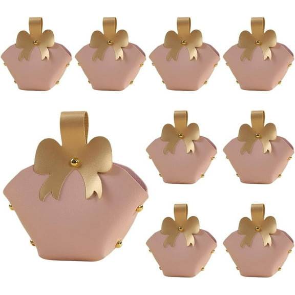 10 Pack Small Party Favor Bowknot Boxes Reusable PU Leather Gift Candy Wrapping Treat Bags with Handle Pink Mini Handbags for Wedding Baptism Birthday Party Decoration Supplies