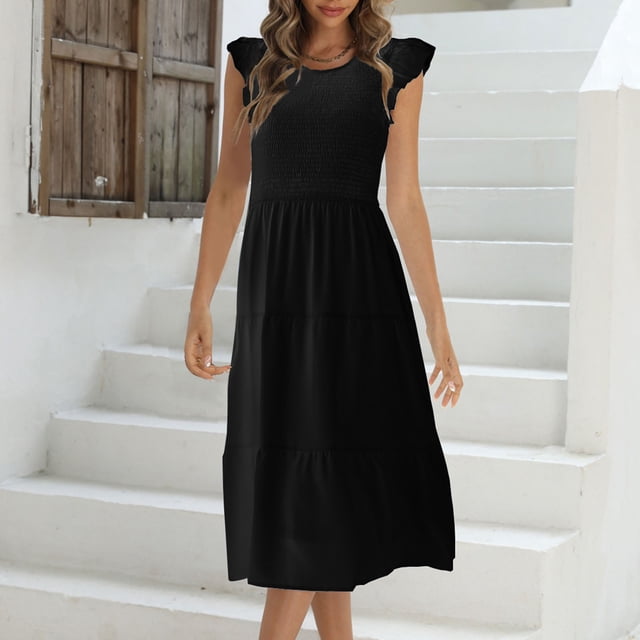 LOVZFMLL Mode Robe d'Été pour Femme à Col Rond, Manches Courtes, Unie, Noire, TG