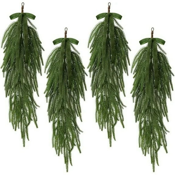 4 Pcs Christmas Green Garland Adorn With Velvet Ribbon Bow, Artificial Wreath For Front Door Wall Porch And Holiday Party Decor