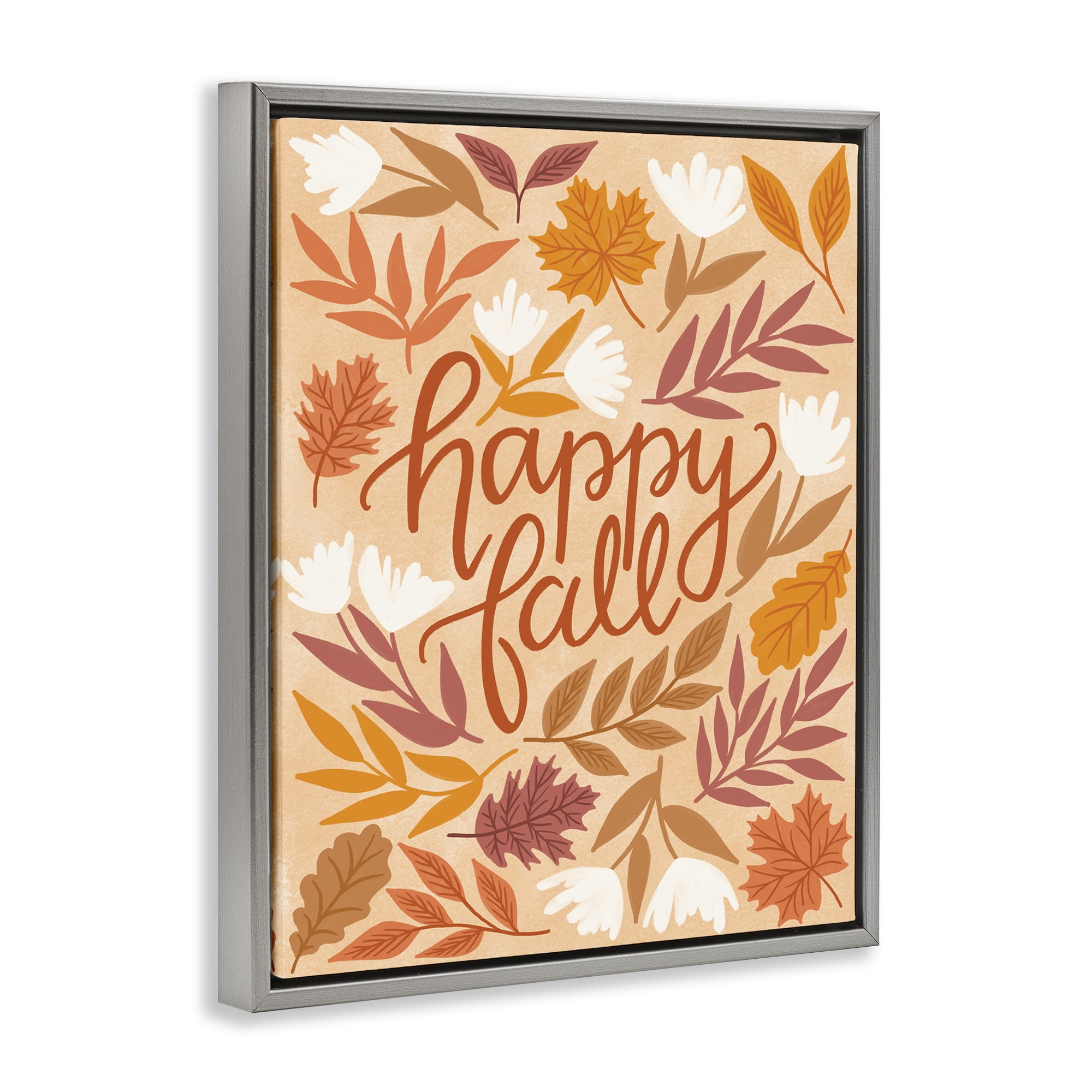 Stupell Industries Happy Fall on Leaves Plants & Flowers Painting Gray Floater Framed Canvas Art Print Wall Art, 25 x 31