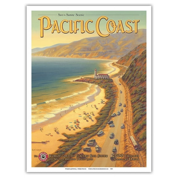 See the Sunny Scenic Pacific Coast California - Pacific Electric (Red Car) - Vintage Railroad Travel Poster by Kerne Erickson - Master Art Print (Unframed) 9in x 12in