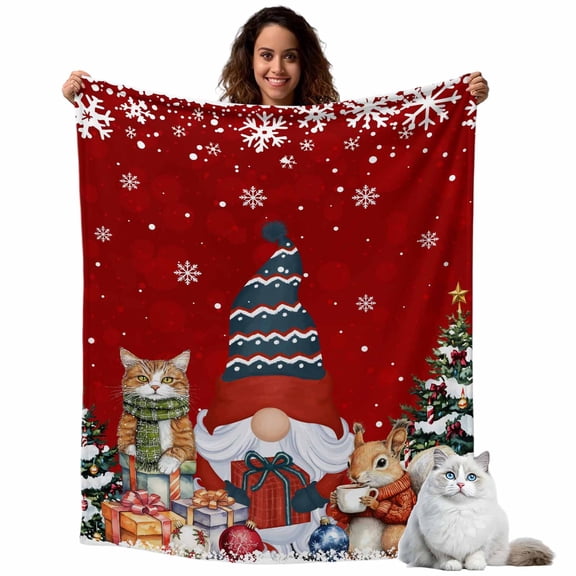 Christmas Gnome Flannel Blanket for Bed,Travel and Camping, Squirrel Cat Xmas Tree Snowflake Red Super Soft Cozy Blanket for All Seasons 32"x48"