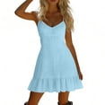 thumbnail image 4 of QUNYINEY Blue Sundresses for Women Summer Cotton Linen Sleeveless Mini Sleep Dress Loose Fit Ruffle Hem A Line V Neck Dresses, 4 of 7