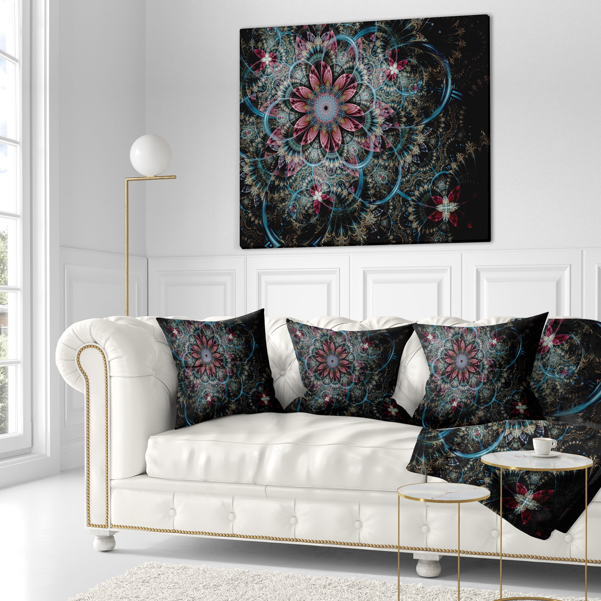 Designart Fractal Flower in Dark Blue Digital Art - Floral Throw Pillow - 16x16