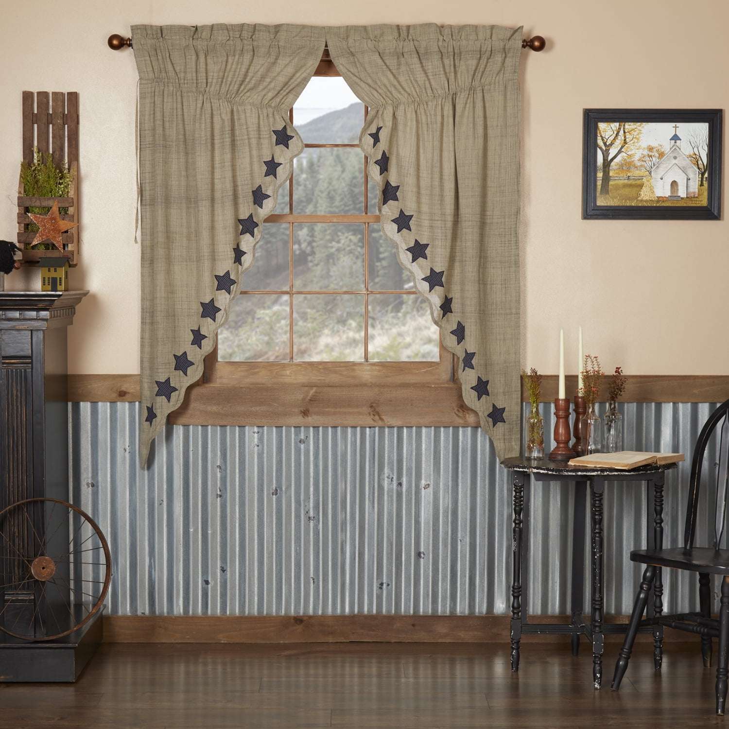 VHC Brands Vincent Scalloped Lined Prairie Curtain Set 63" x 36