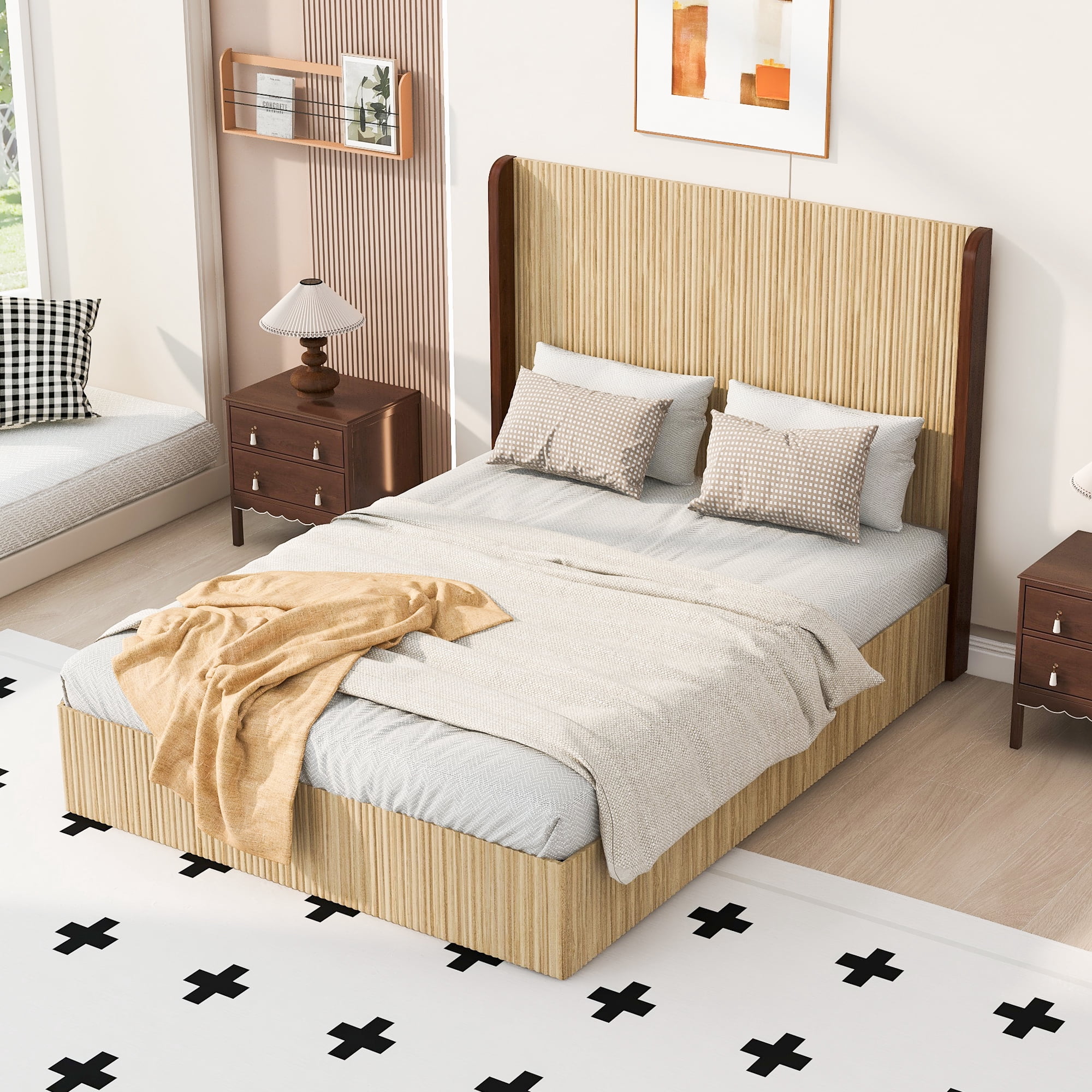 Mintazer Queen Size Vertical Fluted Platform Bed with Tall Wing Headboard, Low Profile Platform for Bedroom & Guest Room, No Box Spring Needed, Natural
