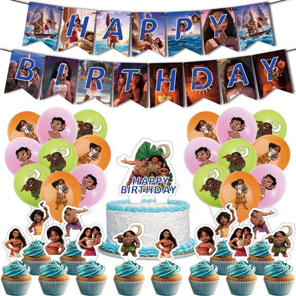 32 Pcs For Moana Theme Birthday Party Decorations Set With 1 Happy Birthday Banner,18 Balloons,13 Cupcake Toppers,All-in-One Celebration Party Kit Supplies