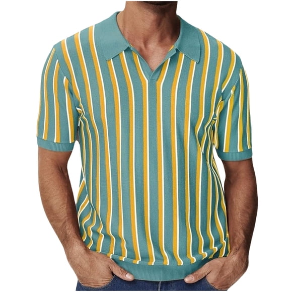 Men's Striped Printed Polo Shirts Short Sleeve Vintage Color Block Casual Golf Classic Collared T Shirt