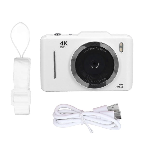 4K 48MP Digital Camera, 2.8 inch HD IPS Screen, 16x Digital Zoom, Autofocus, Portable Pocket Video Camera for Travel Vlogging, White