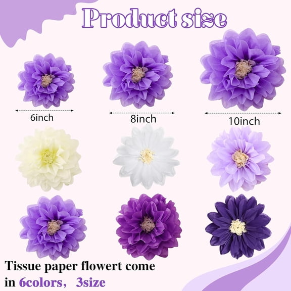 OTGFRF-18 Pcs Mexican Paper Flowers Colorful Fiesta Tissue Paper Flowers Pom Poms Mexican Carnival for Floral Party Backdrop Wedding Birthday Party Craft, 6" 8" 10" (Purple Series)