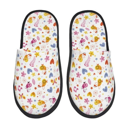 

Fuzoiu Cartoon Birds & Flowers Print Unisex Furry Slippers Plush Indoor Shoes Trendy House Slippers Anti-Skid EVA Sole House Shoes for Home Office and Travel -Large