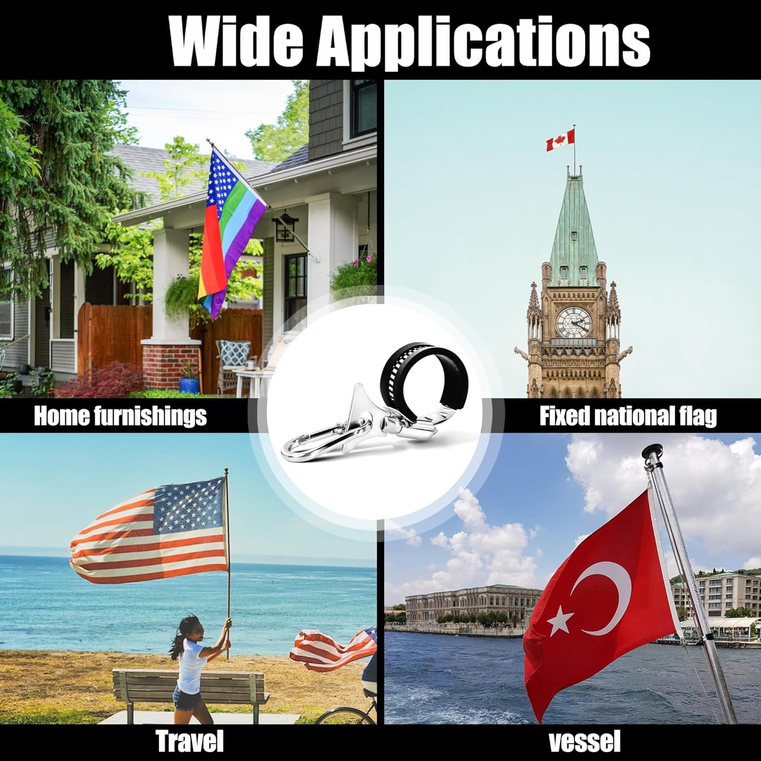 Anley (4 Pack) Flagpole Clamp and Clip Kit to Hold Flag with Carabiner and Silicone Anti-Slip Strip - Attachment Accessory Stainless Steel Metal Hose Clamp Rings for 0.7-1.25 IN Diameter Flag Pole