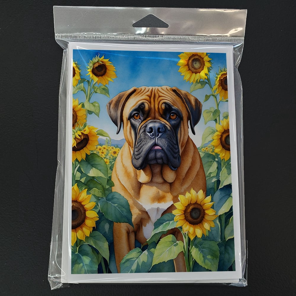 Bullmastiff in Sunflowers Greeting Cards Pack of 8 7 in x 5 in