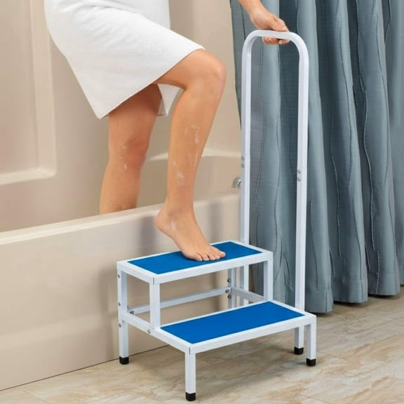 Double Step Stool with Handrail Heavy Duty Non Slip Bath 2 Step Bedroom Blue NEW