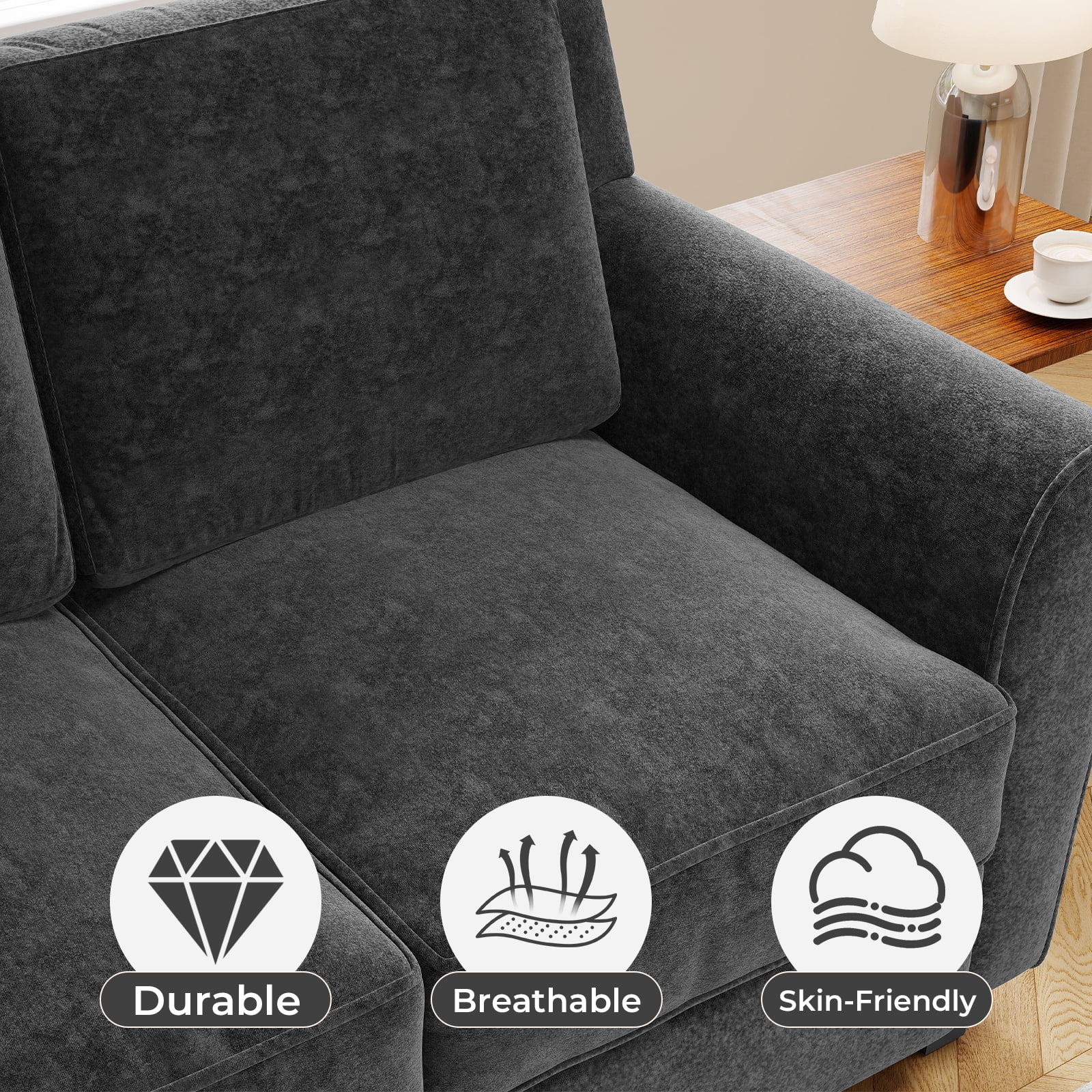 Ebello Modern Sofa Couch, 3-Seater Upholstered Couches with Thick Cushions for Living Room and Bedroom, Black