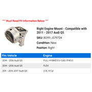 Right Engine Mount - Compatible with 2011 - 2017 Audi Q5 2012 2013 2014 2015 2016