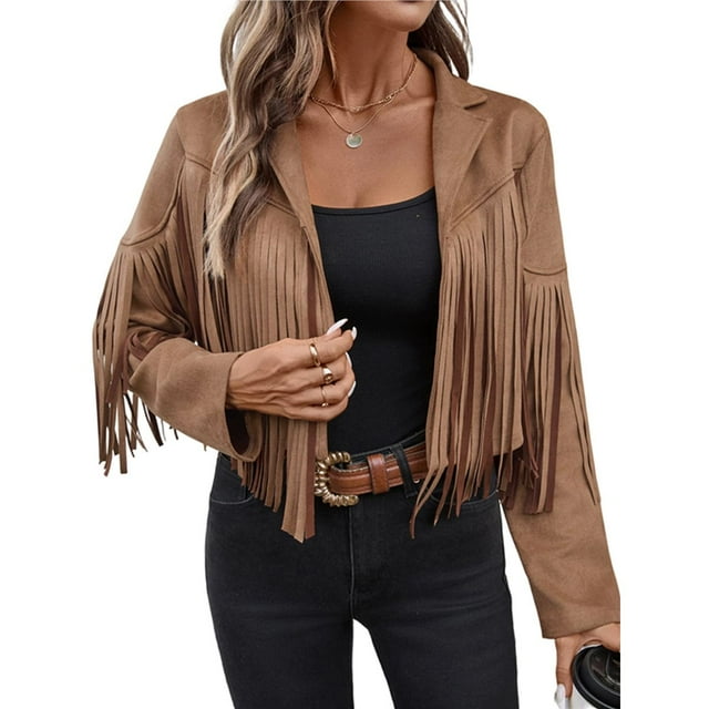 Chaquetas de Mujer de Piel Sintética de Ante con Flecos y Forro. Abrigos Cortos con Flecos. Imprescindibles de de Otoño. Marrón XL