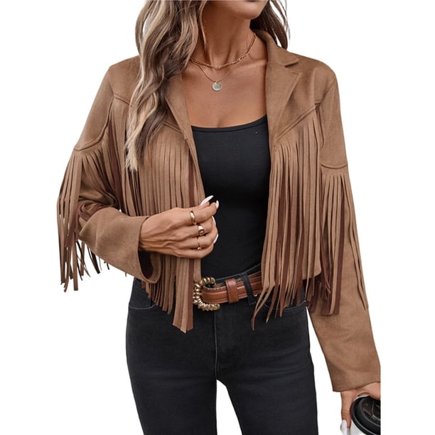 Chaquetas de Mujer de Piel Sintética de Ante con Flecos y Forro. Abrigos Cortos con Flecos. Imprescindibles de de Otoño. Marrón M