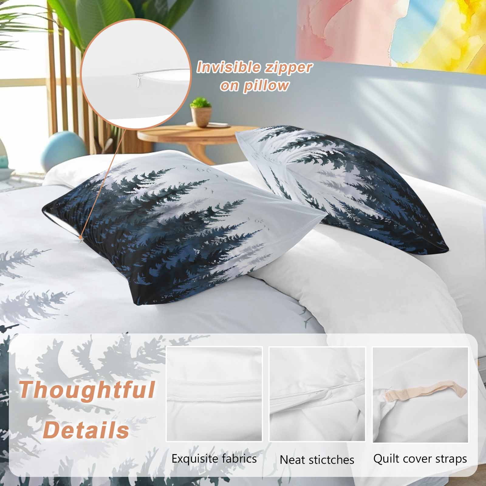 Forest Bedding 3 Piece Duvet Cover Set Queen Size, Dark Blue Fall Bird Vintage Farmhouse Tree Soft Microfiber Comforter Cover with Zipper Closure & Pillowcases, Wrinkle & FadeResistant Quilt Cover