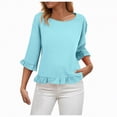 thumbnail image 5 of Towmus Womens 3/4 Sleeve Tops Knit Cotton Ladies Blouses Crew Neck T Shirts for Women Loose Fit Ruffle Sleeve Tunic Tops, S, Sky Blue, 5 of 8