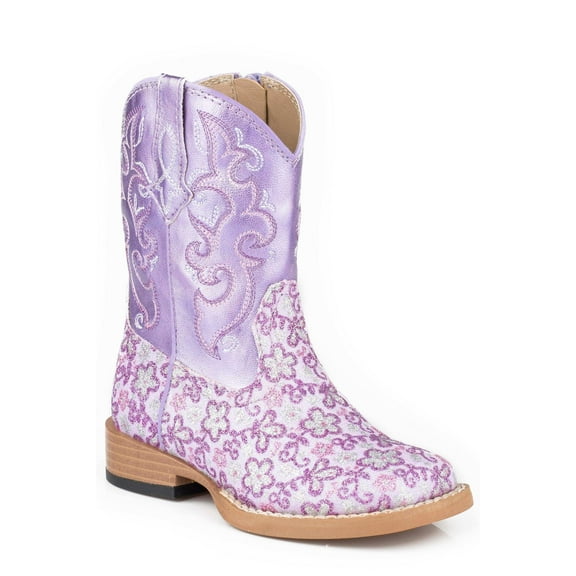 Roper Girls Lavender Glitter Floral Square Toe Cowboy   Mid Calf Boots