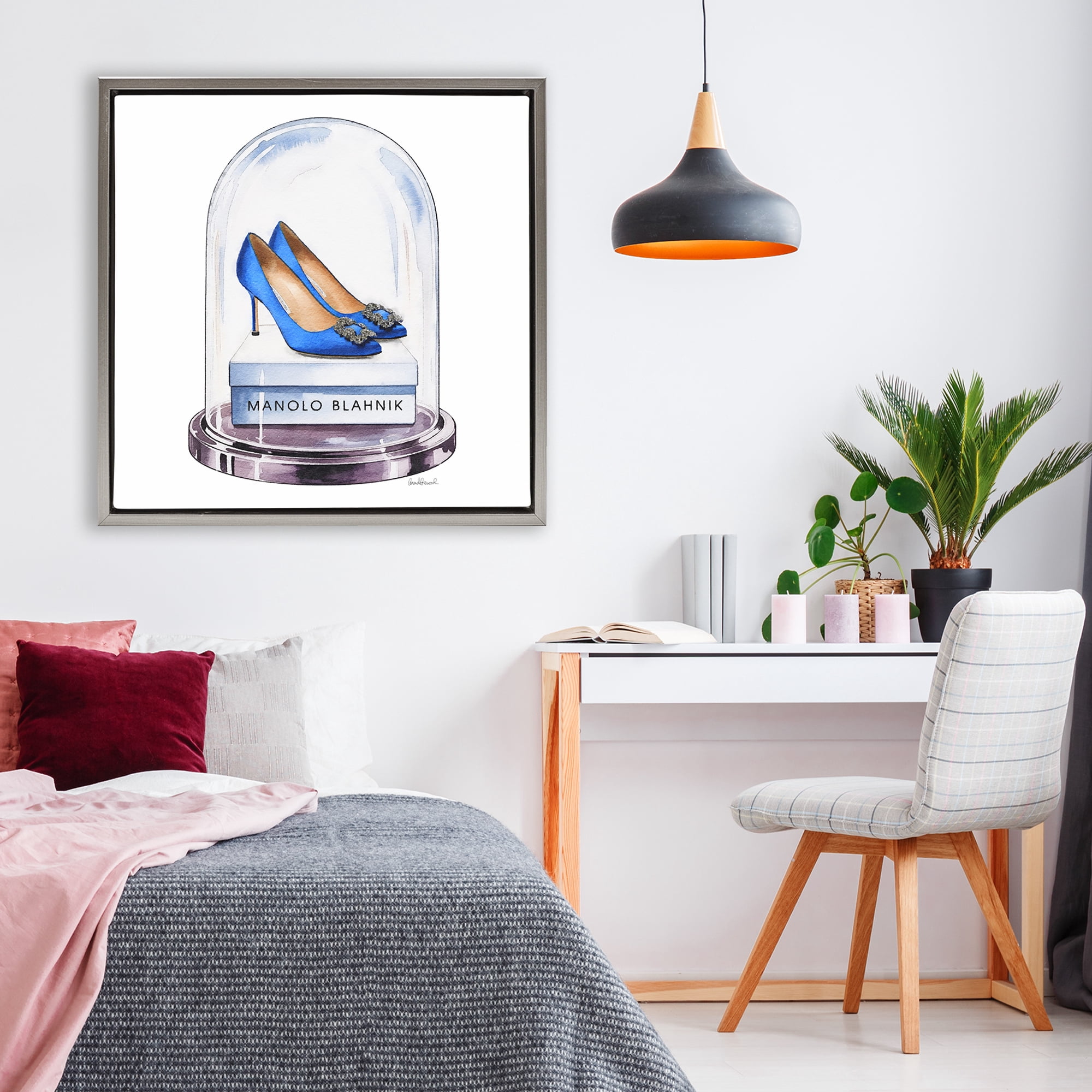 Stupell Industries Blue Heels in Bell Jar Gray Framed Floater Canvas Wall Art, design by Amanda Greenwood
