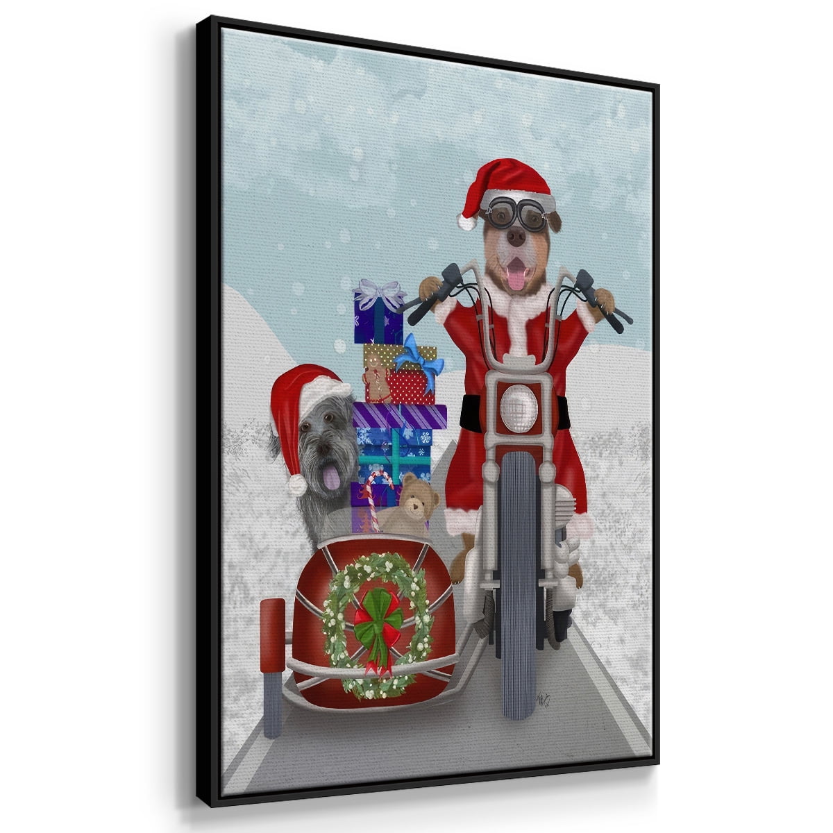 Christmas Mutts Christmas Chopper - Framed Gallery Wrapped Holiday Canvas - 27 x 41 - Black Frame
