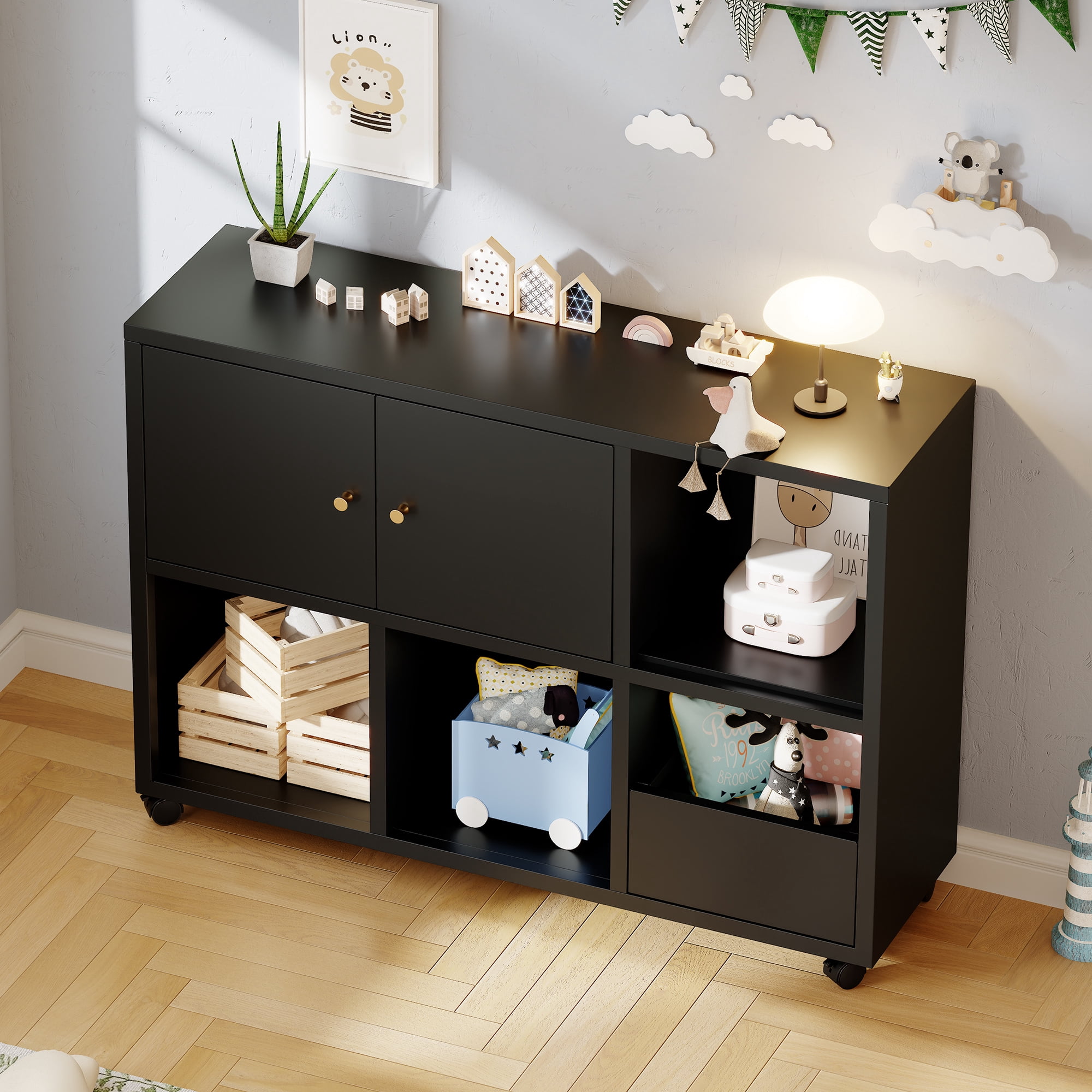 HOQBN Toy Storage Cabinet with 4 Wheels,Cubes Storage Bins Cubes with Open Cubbies & Closed Cabinets,Metal Storage Furniture for Playroom,Living Room,Black