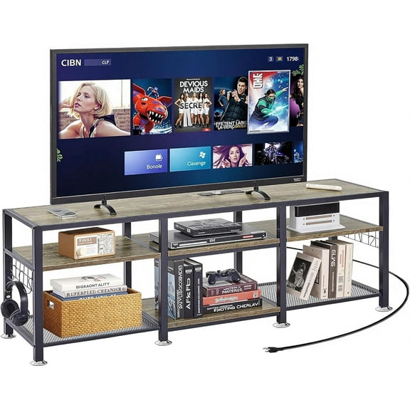 VECELO 63" TV Stand with Power Outlets for 55/60/65/70 Inch Television, Entertainment Center with Storage Shelves & Hooks, 3-Tier Wooden Console Table for Living, Bedroom, Gaming Room, Grey