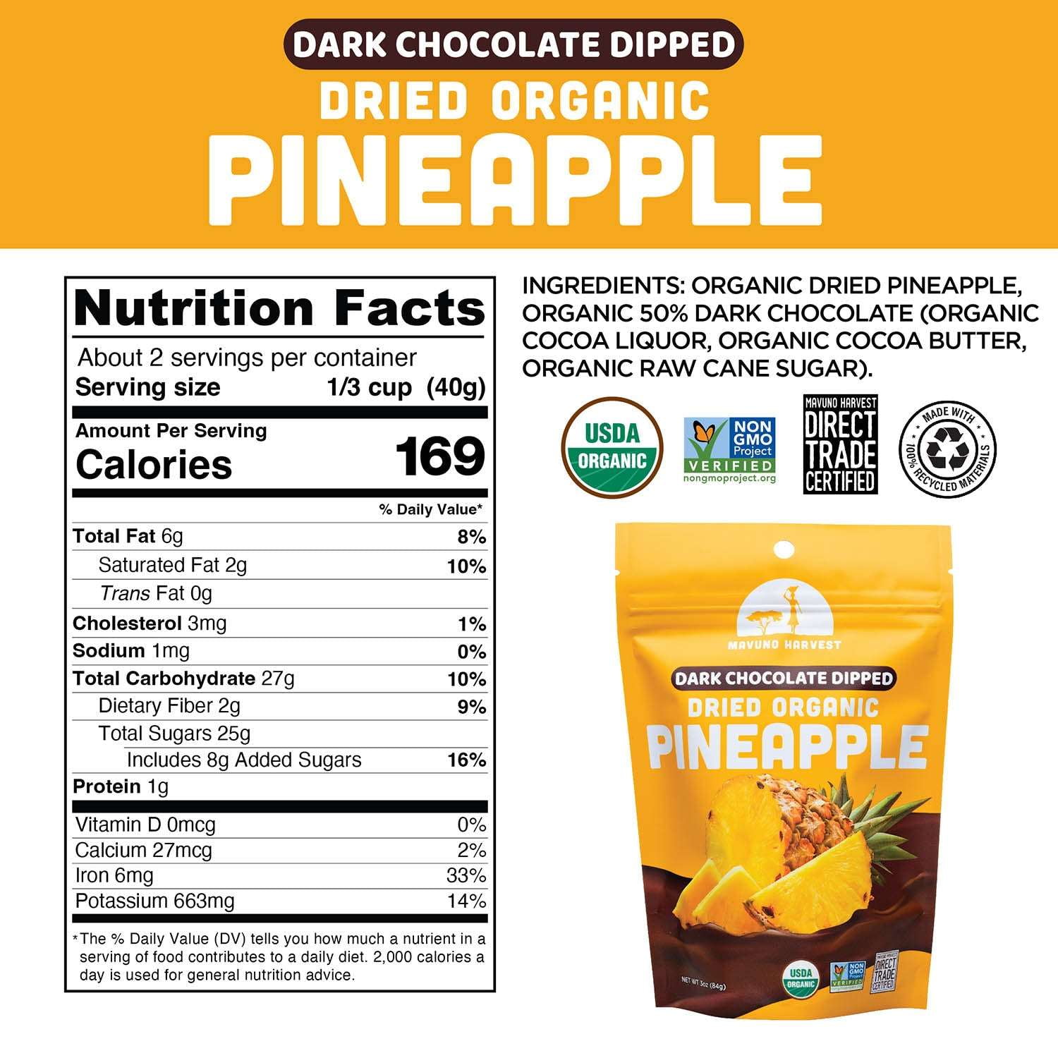 (Pack of 6), Mavuno Harvest Organic Dried Pineapple Dipped in Dark Chocolate, 3 oz