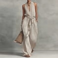 thumbnail image 2 of JULMCOMO Cotton Linen Jumpsuits for Women Halter Deep V Neck Casual Rompers Tie Waist Wide Leg Loose Fit Summer Overalls with Pockets Beige XL, 2 of 4