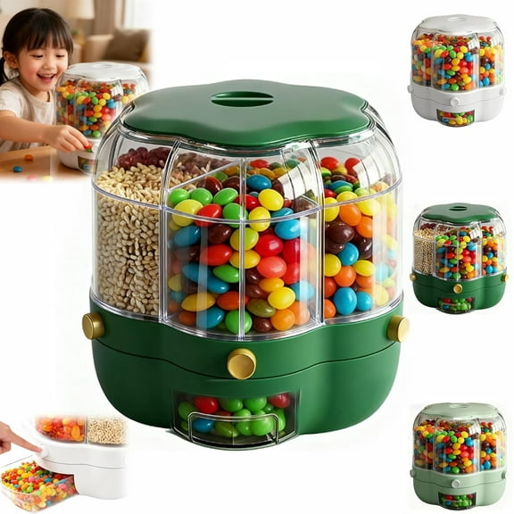 Candy Dispenser 360° Rotating with 6 Compartments, Large Capacity Multi-Purpose Kitchen Storage Container with Airtight Lid