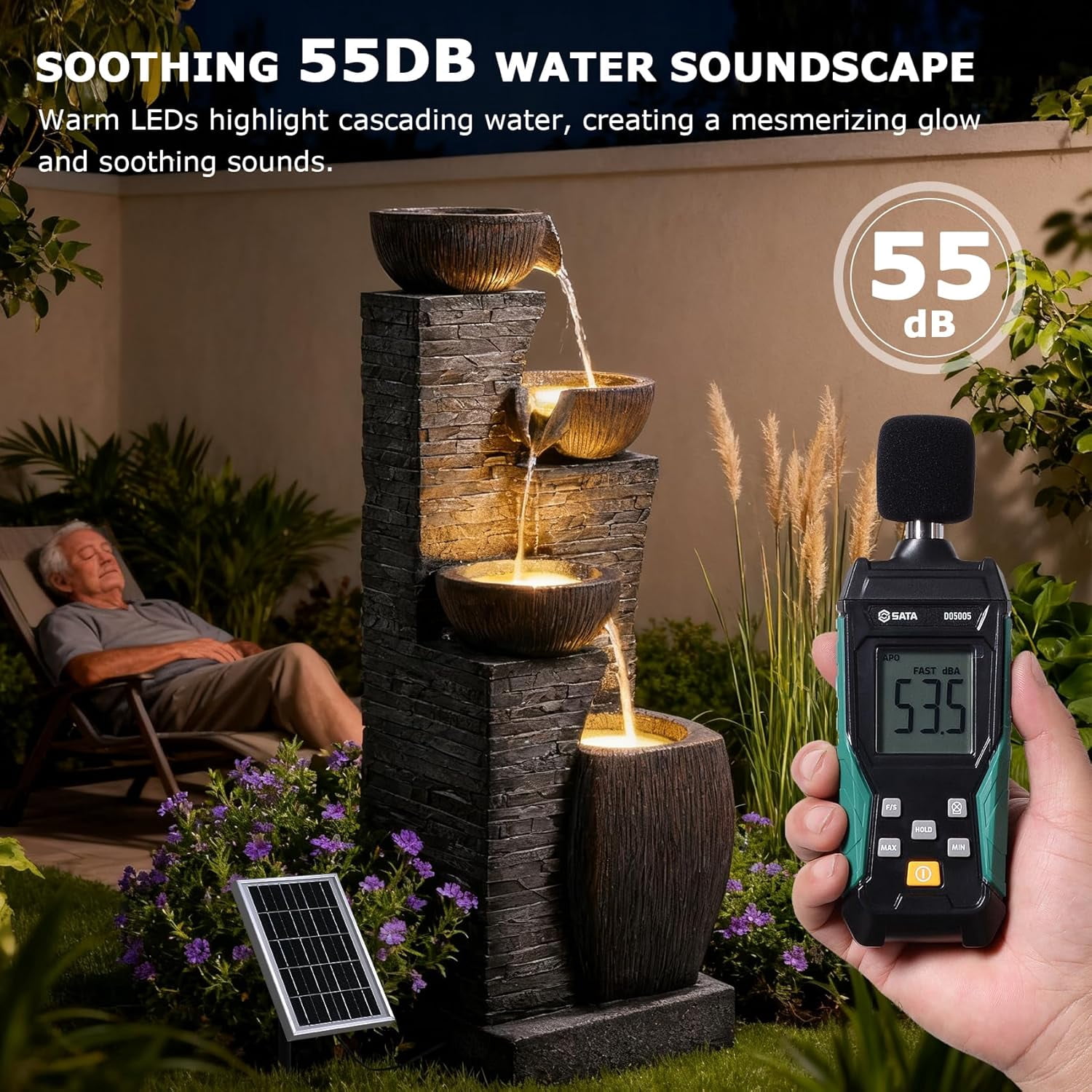 38.2" Tall Solar Water Fountain Outdoor Garden,4 Tiers Modern Cascading Bowls and Stacked Stones Solar Powered Fountains with LED Lights for Garden, Patio, Deck, Porch, Backyard, Lawns