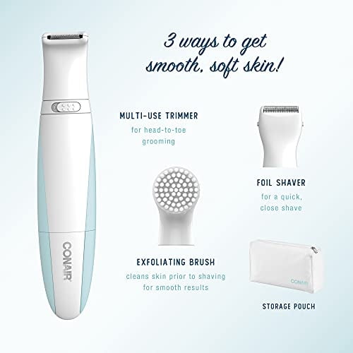 Conair Ladies All-In-One Personal Groomer, incluye recortadora multiuso, afeitadora de papel de aluminio y cepillo exfoliante, blanco