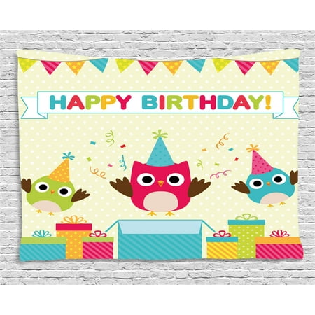 - Birthday Decorations for Kids Tapestry, Happy Chubby Baby Owls Flags Box on Polka Dots Backdrop Image, Wall Hanging for Bedroom Living Room Dorm Decor, 60W X 40L Inches, Multicolor, by Ambesonne