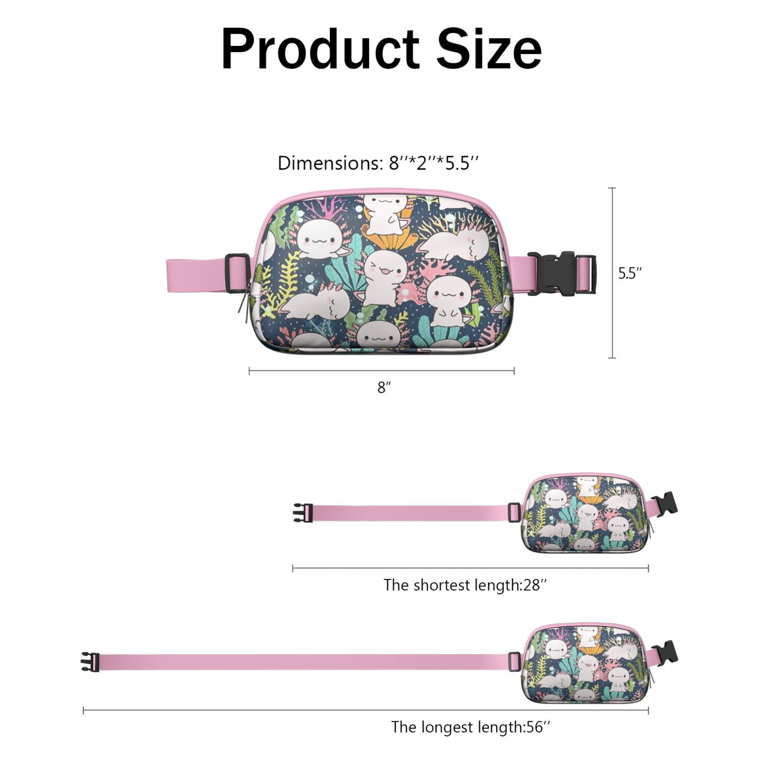 Adorable Axolotl Waist Bag – Cute & Colorful Mythical Creature Fanny Pack for Women with Kawaii Cartoon Print, Great Gift for Fantasy Fans