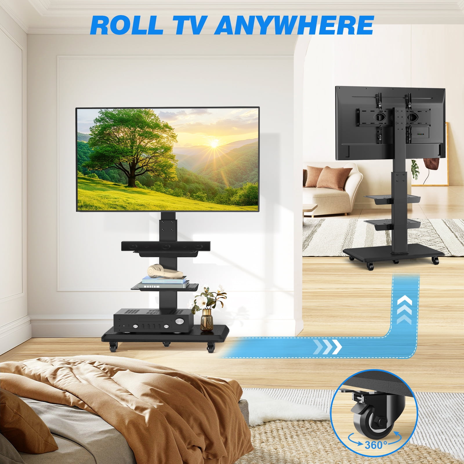 RTVR Universal Rolling Mobile TV Stand for 40-75 inch Flat Screens, Swivel Adjustable Corner Floor TV Stand for Home Office, Black