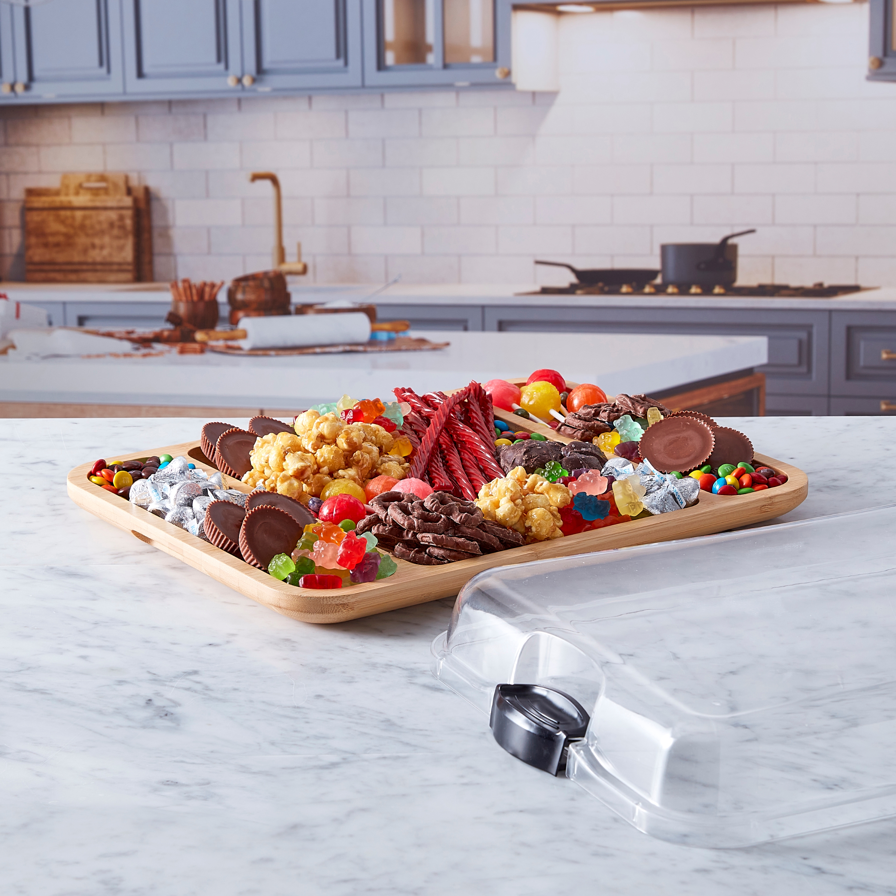 Farberware Build-a-Board 12x16-Inch Bamboo Charcuterie and Snack Board with 3 Compartments and Clear Locking Lid