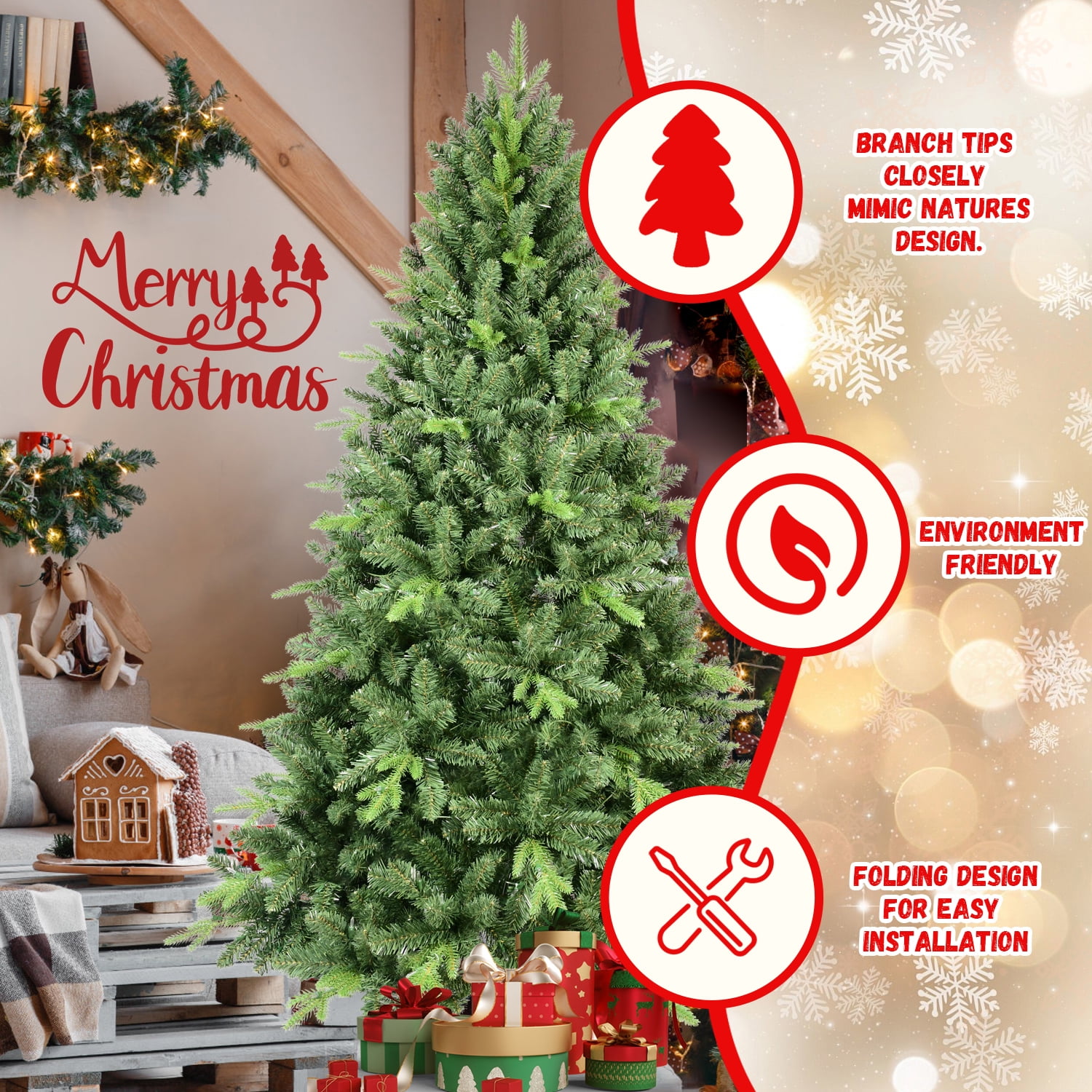 Resenkos 7ft Hinged Artificial Christmas Tree with Memory Wire Branches & Foldable Stand, Green
