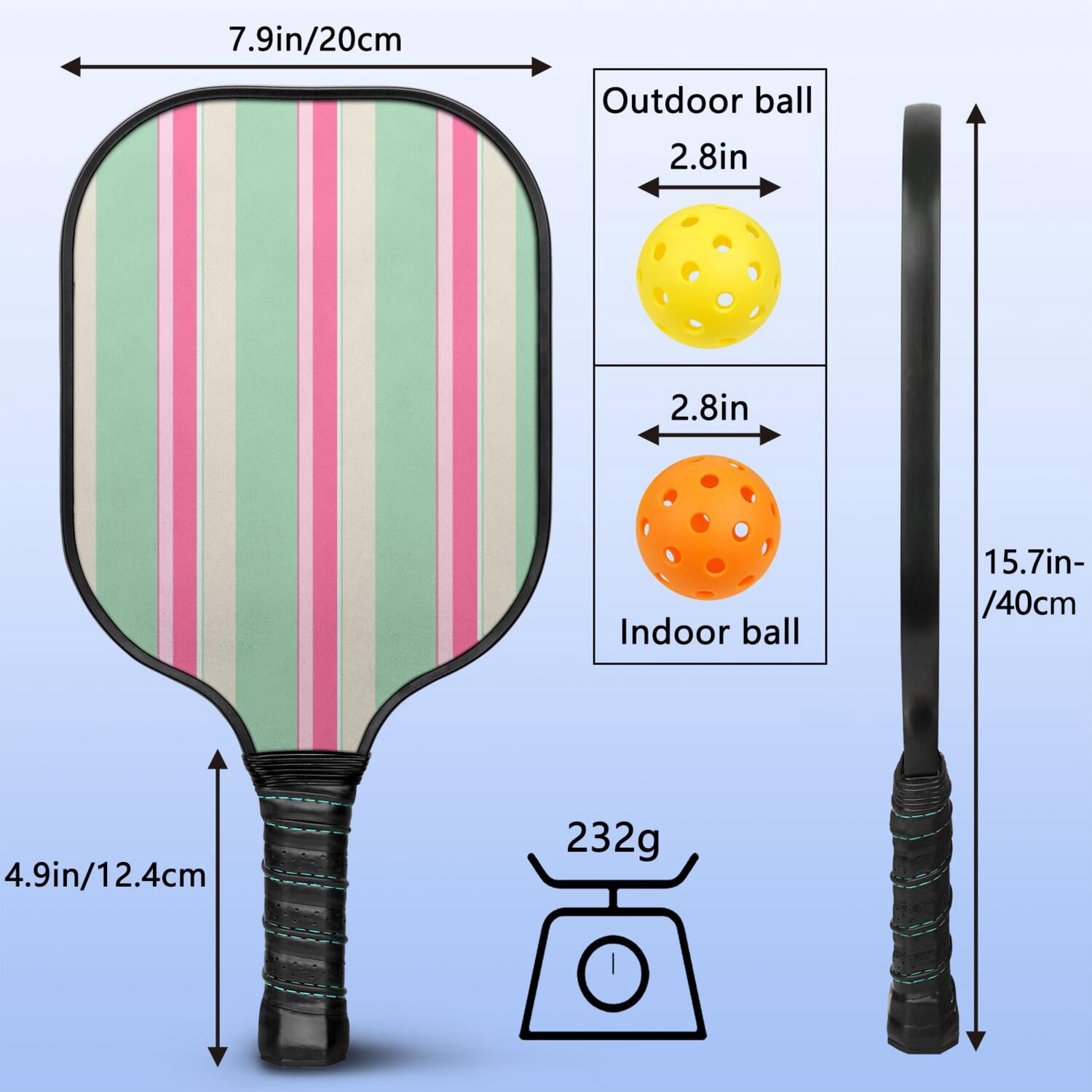 Pickleball Paddles Set Of 1, Fiberglass Surface, Colorful Lines Print, 1 Paddle, 2 Balls & Bag