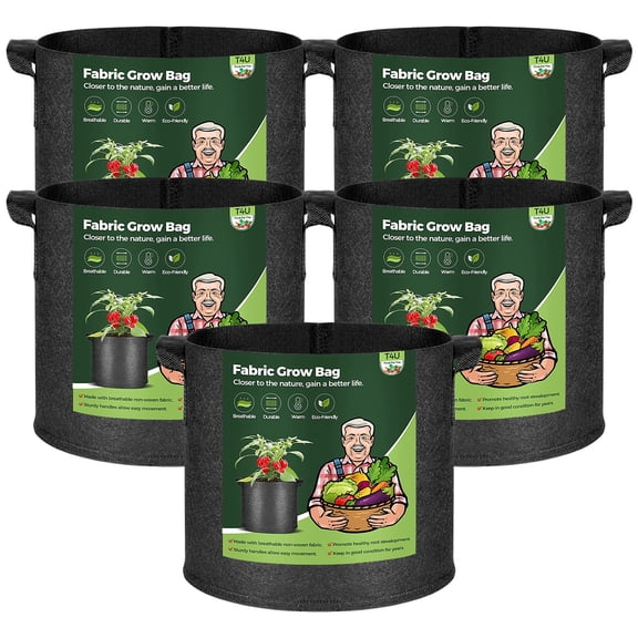T4U Fabric Plant Grow Bags with Handles, Heavy Duty Nonwoven Smart Garden Pots, 5 Gallon, Black, Set of 5