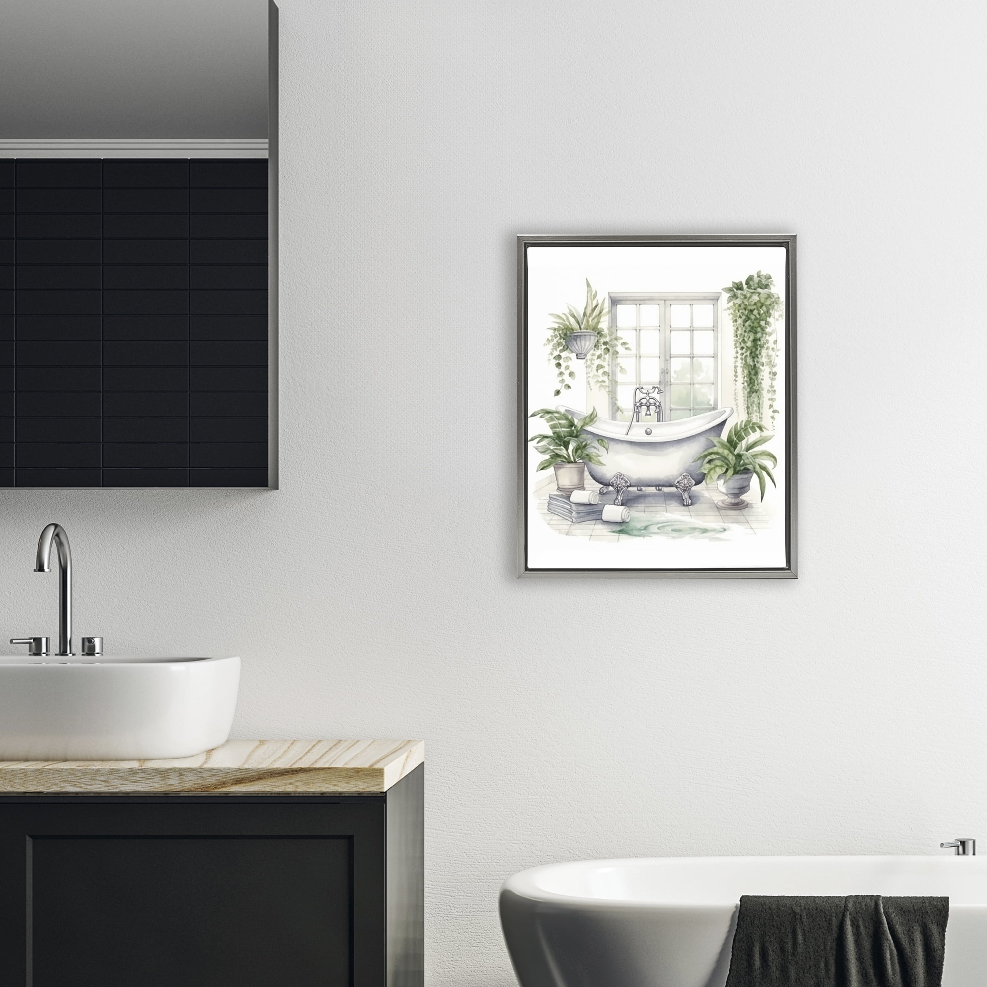 Lush Greenery Bathtub & Window Gray Framed Floater Canvas Wall Art, design by Lettered and Lined