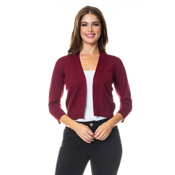 Women 3/4 Sleeve Solid Open Bolero Cropped Cardigan